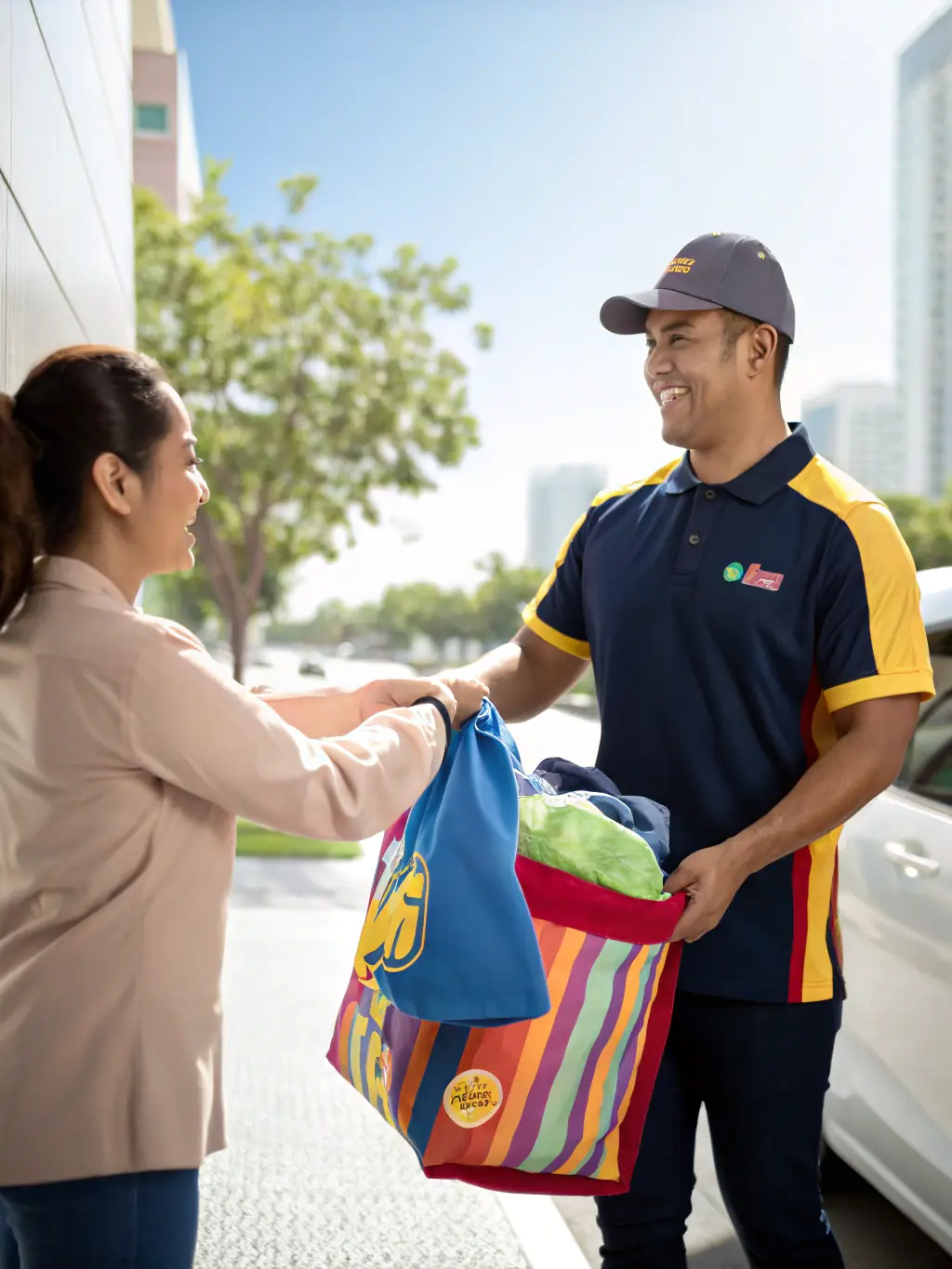 A vibrant photo of a friendly delivery person from The LNDRY Co handing over fresh laundry bags to a smiling customer at their doorstep, with a San Francisco cityscape in the background.