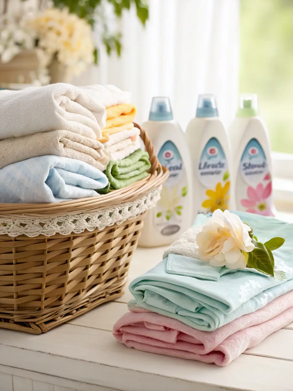 A high-quality image of neatly folded laundry in baskets, showcasing the care and precision of The LNDRY Co's wash and fold service.