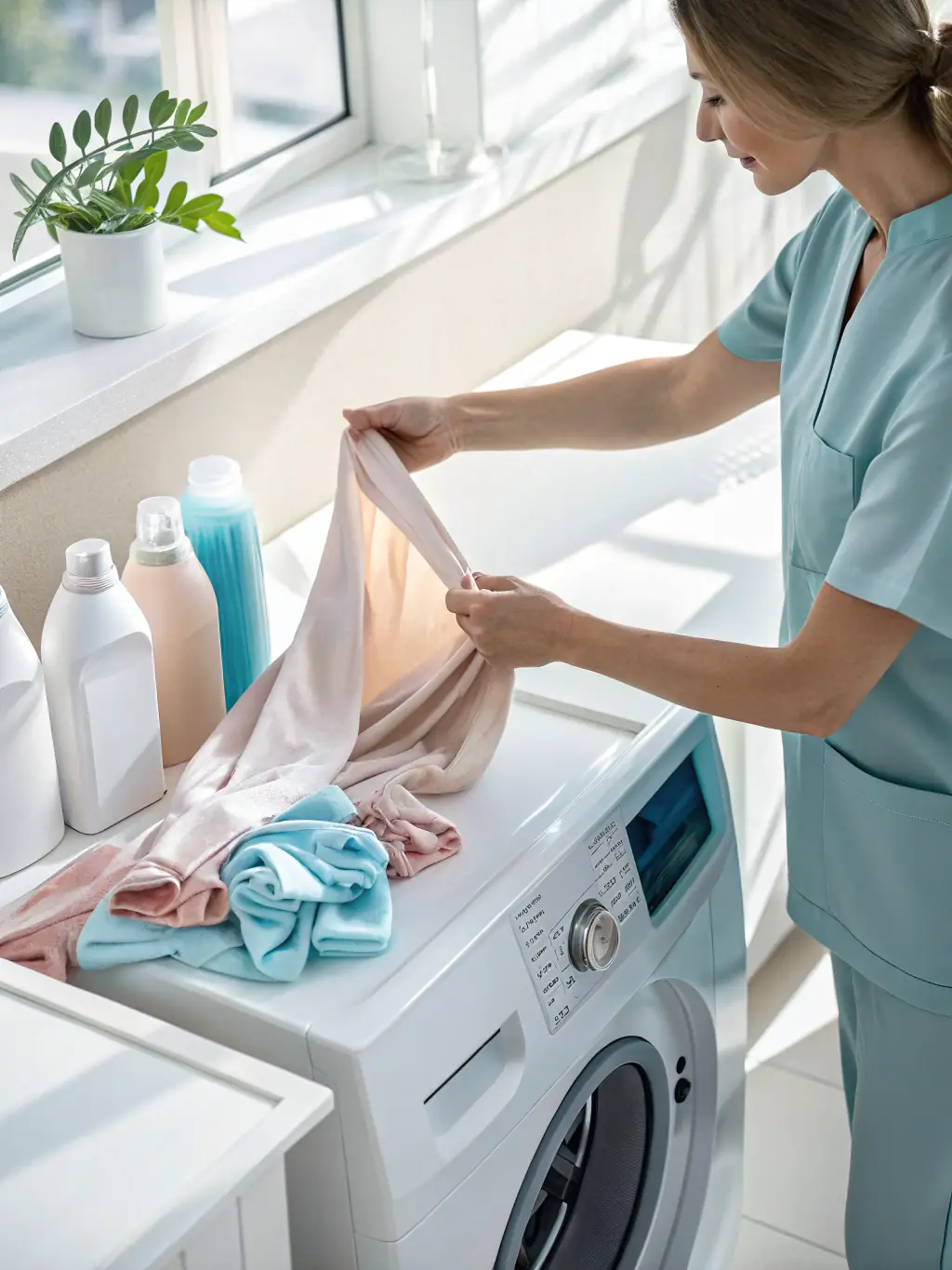 A collection of colorful salon towels being professionally washed in a commercial-grade washing machine, emphasizing hygiene and sanitation.