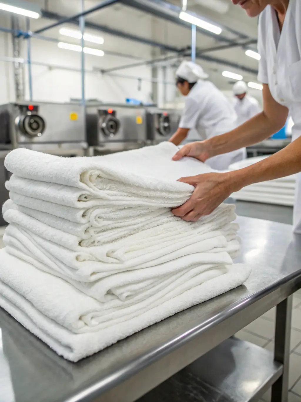 Soft, clean blankets and linens being carefully folded in a retirement home setting, promoting comfort and care for residents.